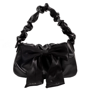 Retro black faux leather handbag with oversized bow decoration and pleated top handle