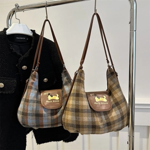Borsa Hobo Retro A Quadri Da Donna Lana Tweed Pelle PU Grande Capacità Borsa A Spalla Stampa Cane Cartone Animato