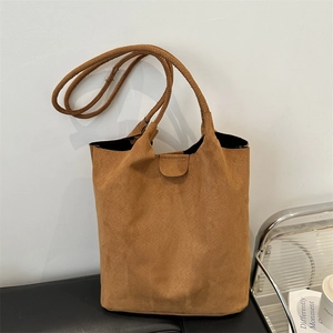 Brown faux suede oversized tote bag with long shoulder straps for autumn commute