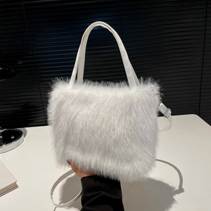 White fluffy faux fur shoulder bag with leather handles and silver hardware for women