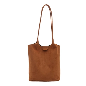 Minimalist brown suede tote bag with long shoulder straps and magnetic flap closure