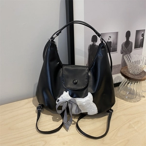 Cute black puppy tote bag with checkered bow and large capacity for school and daily use
