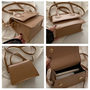 Detailed views of the brown vintage trapezoid crossbody bag with adjustable strap
