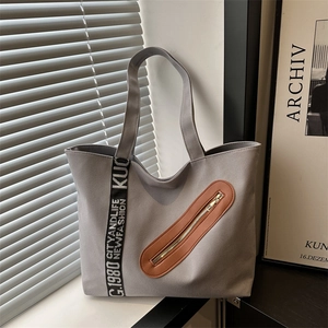 Sac Cabas en Toile pour Femmes Grande Capacité Sac à Épaule Décontracté Avec Poche en Cuir Et Sangle à Lettres Sac à Main Mode