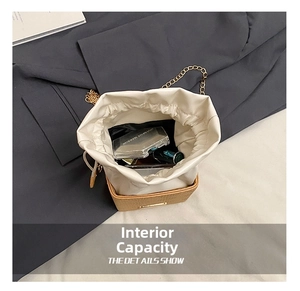 Top view of mini drawstring bucket bag showing internal capacity for cosmetics