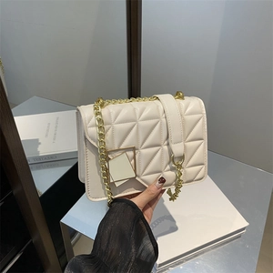 Women Quilted Crossbody Bag PU Leather Lattice Stitching Gold Chain Shoulder Bag Square Buckle Chic Trendy Small Purse