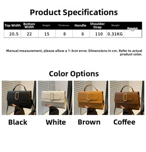 Detailed size guide for the PU leather handbag showing dimensions and available colors