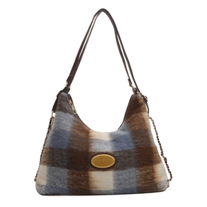 Retro fuzzy plaid hobo bag in blue and brown with leather strap and chain detail