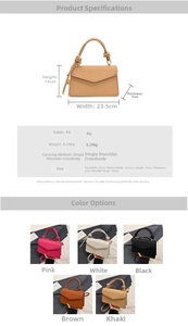 Detailed chart showing PU leather bag dimensions, 120cm strap, and 5 color options