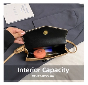 Interior view of beige textured small bag showing capacity for lipstick and makeup