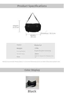 Infographic showing dimensions 35x23.5x18.5cm for the black crossbody sports bag