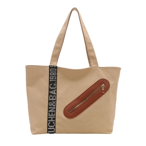 Grand sac cabas en toile beige avec détail zippé en cuir marron et sangle lettrée