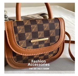 Detail view of brown checkered saddle bag featuring leather trim and gold metal buckle