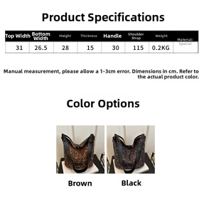 Detailed size guide and color options for the leopard print oversized bucket bag