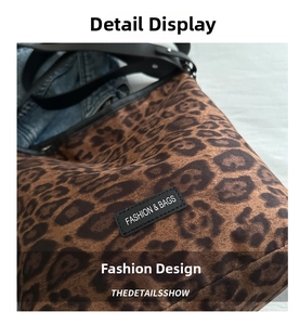 Close-up of leopard print fabric texture and leather logo tag on the shoulder bag