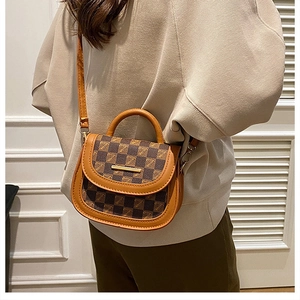 Detailed side view of a brown checkered saddle bag with gold metal hardware and handle