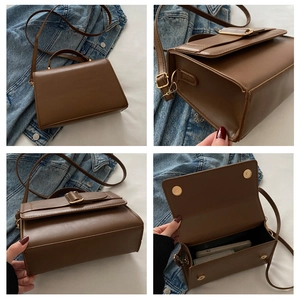 Detailed views of a brown faux leather crossbody bag with gold buckle and magnetic snap closure