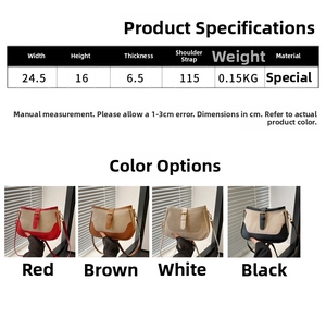Canvas shoulder bag size chart and multi-color display with dimensions and material specs