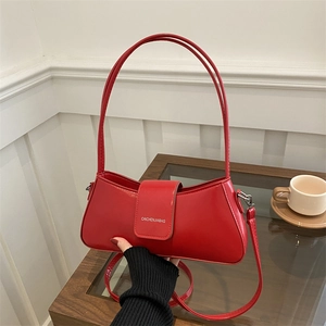 French style red faux leather baguette shoulder bag with stylish gold buckle clasp