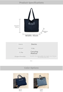 Detailed size chart for denim tote bag with Less Mondays More Sundays printed letters