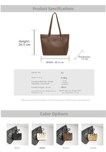 Tableau des tailles et quatre options de couleurs pour ce sac cabas minimaliste