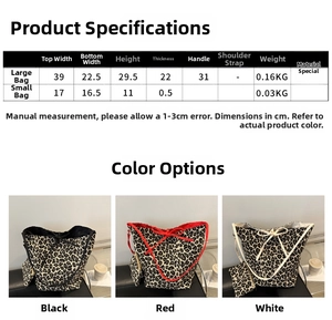 Detailed size specifications and dimensions for the leopard print tote and pouch set
