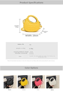Detail view of yellow PU leather bag showing crocodile texture and round top handle