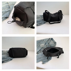 Detail view showing water-resistant nylon fabric, drawstring side pockets and adjustable strap