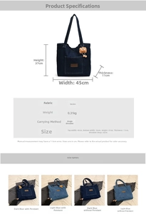 Detailed chart showing size and dimensions for large denim tote bag in blue
