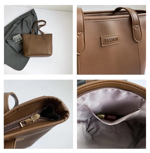 Détails du sac cabas marron avec logo, fermeture éclair dorée et poche intérieure