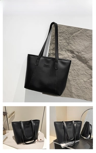 Détail du grand sac cabas noir minimaliste avec étiquette Fashion en scènes de vie