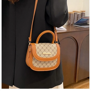 Macro view of saddle bag showing brown monogram canvas and golden metal buckle