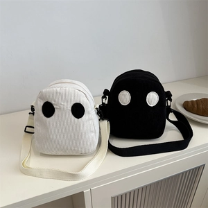 Petit Sac Bandoulière en Velours Côtelé Visage de Fantôme pour Femmes Sac à Épaule Mignon Minimaliste Urbain Fermeture Éclair