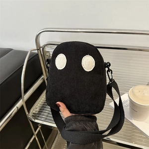 Sac bandoulière mignon en velours côtelé noir style Harajuku avec yeux de fantôme