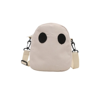 Piccola borsa rotonda a tracolla in velluto a coste bianco con design a cartone