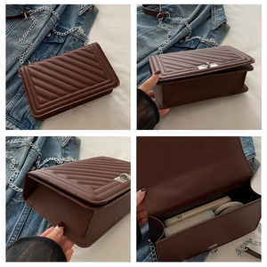 Detailed views of a brown quilted crossbody bag with metal chain and interior storage space