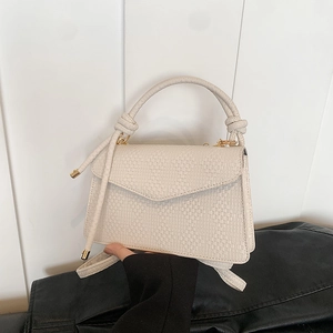 Minimalist beige woven crossbody bag with top handle and gold hardware shown in hand