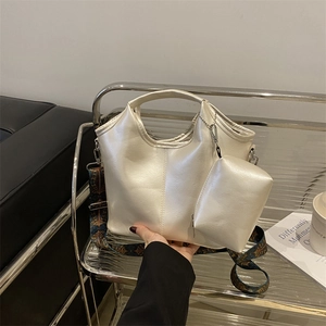 Pearlescent white tote bag set with ethnic print shoulder strap and small pouch