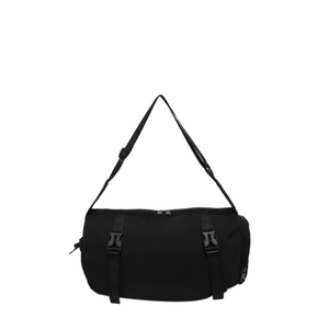 Minimalist black cylinder crossbody bag with adjustable straps and large capacity