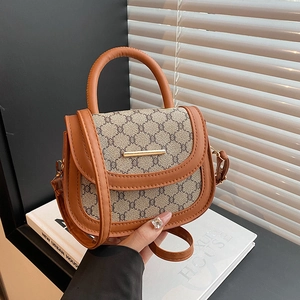 Retro plaid crossbody saddle bag with brown leather trim and golden metal hardware