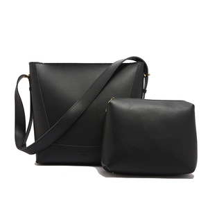 Retro black leather bucket bag set with matching pouch and adjustable gold buckle strap