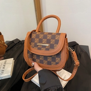 Retro brown contrast patchwork saddle bag with checkered pattern and gold metal bar detail