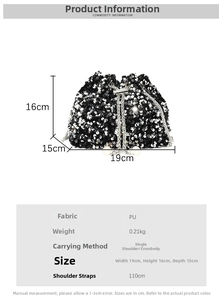 Detail of black sequin bucket bag with pearl drawstring and silver chain strap
