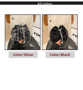 Detail of sequin bucket bags in silver and black with pearls and chain straps
