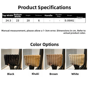 Tableau des tailles pour pochettes en peluche noir kaki marron et blanc avec mesures