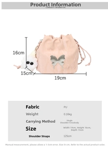 Pink bucket bag dimensions showing 19x16x15cm size with butterfly metal charm detail