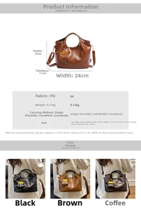Size chart for large capacity PU bucket bag with precise dimensions and crossbody details