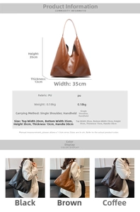 Detailed size specifications and material chart for the soft vintage PU leather tote bag