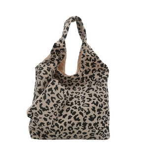 Grand sac cabas en velours côtelé imprimé léopard avec pochette assortie style rétro