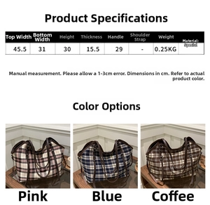 Detailed size chart and dimensions for the vintage plaid canvas tote bag in three colors